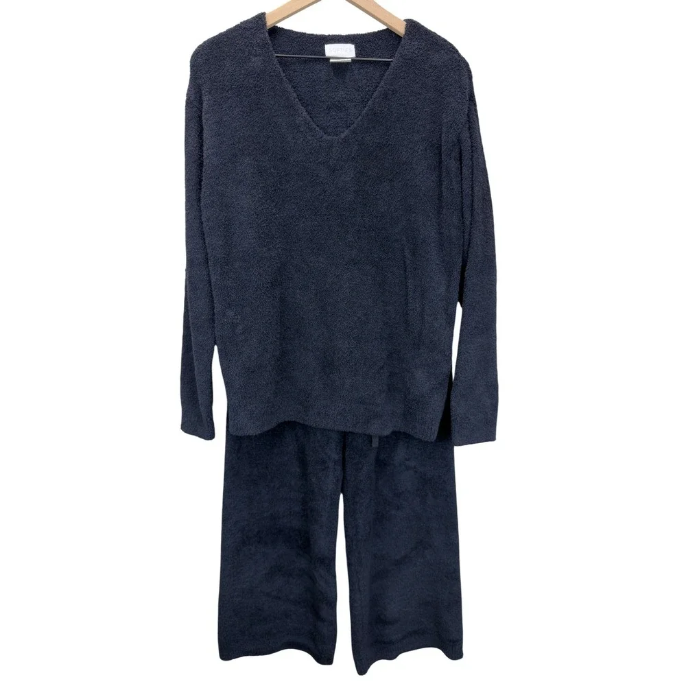 Softies Marshmallow V-Neck Lounge Set Womens Size L Black Cozycore Loungewear